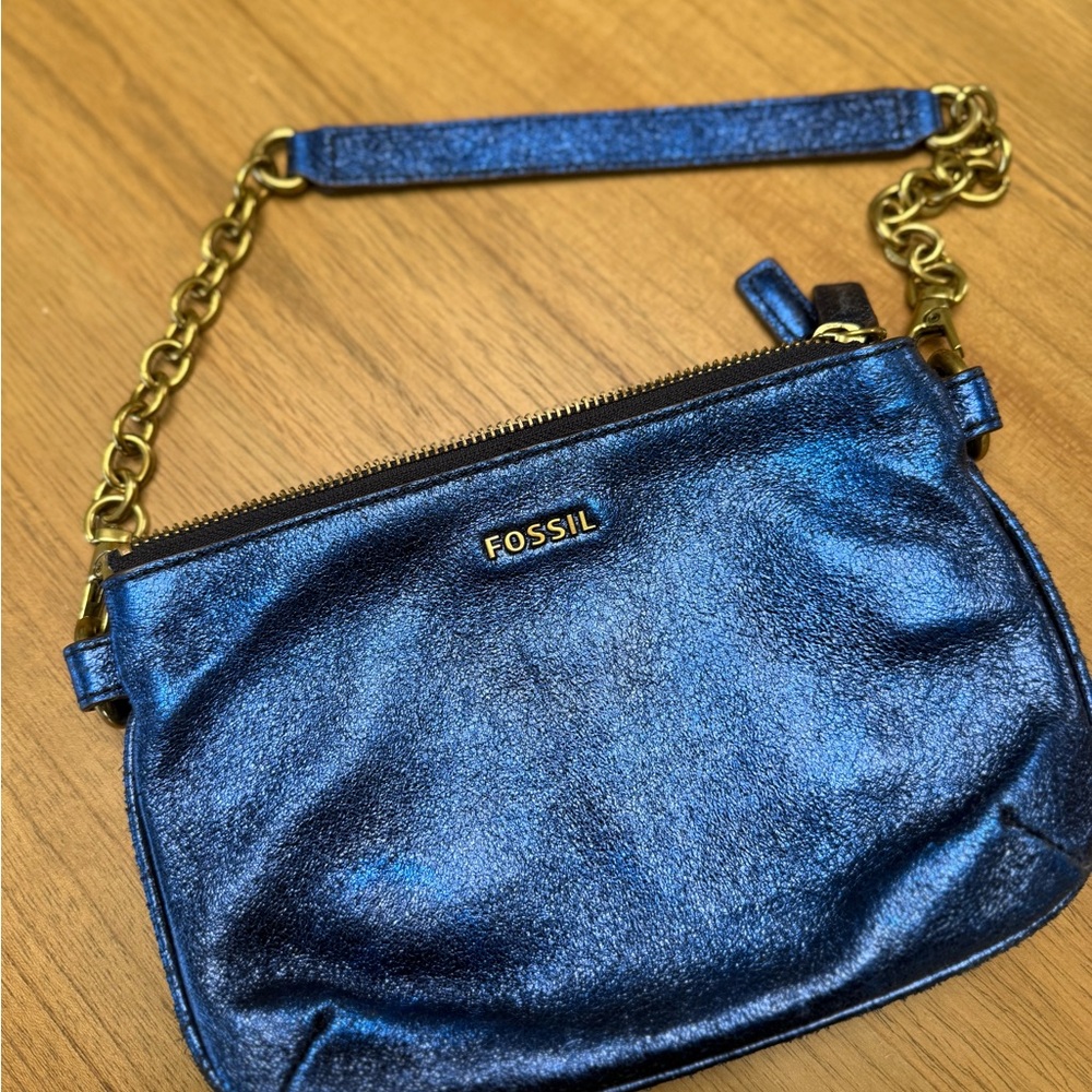 FOSSIL Metallic Blue with gold Chain Handle purse evening or fun bag clutch